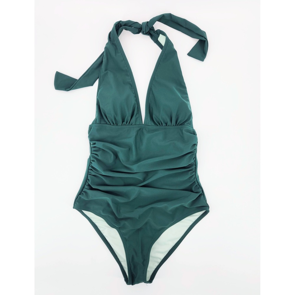 Cupshe Women Dark Green Halter Ruched One Piece Swimsuit Size S